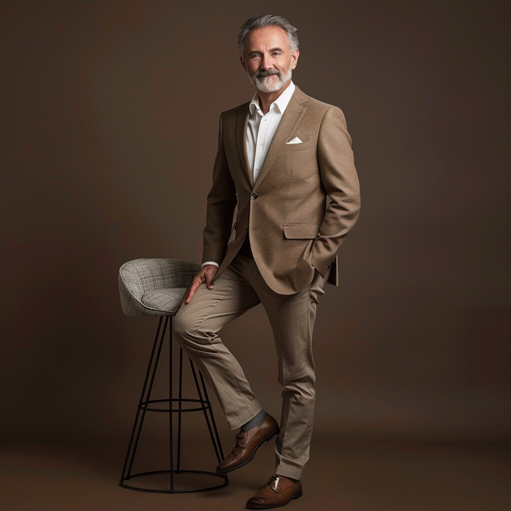 New York corporate headshot of stylish businessman in brown jacket with briefcase
