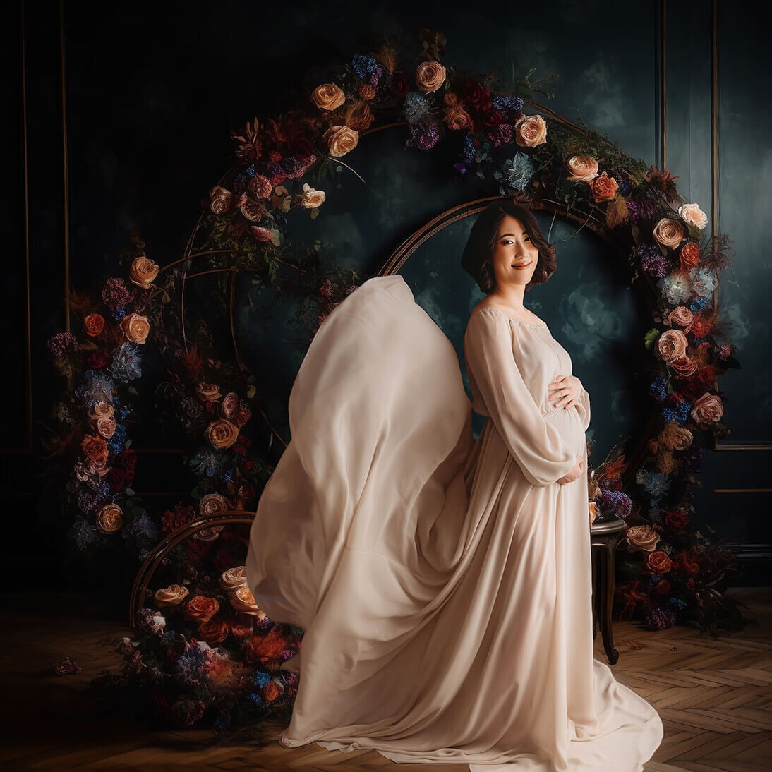 Pregnant woman poses for Studio Maternity Photoshoot in Charleston, SC.