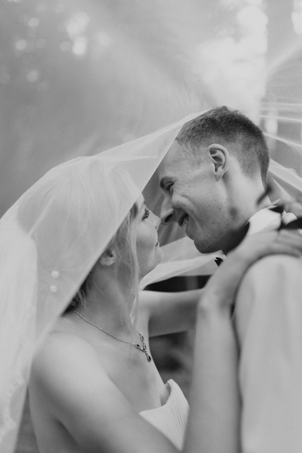 A newly wedded couple smiles tenderly at each other under the bride's veil