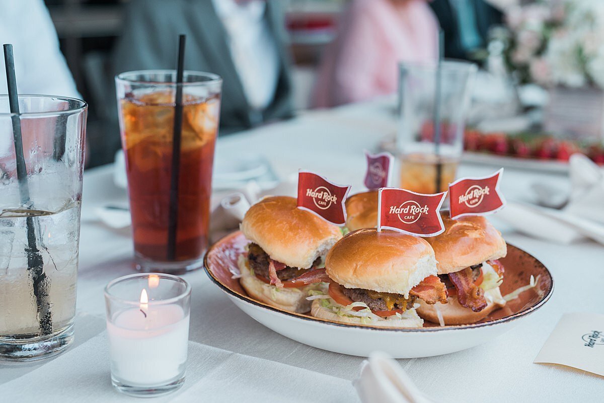 Barbecue sliders and sweet tea at the Hard Rock Cafe in Nashville for a wedding on their balcony.