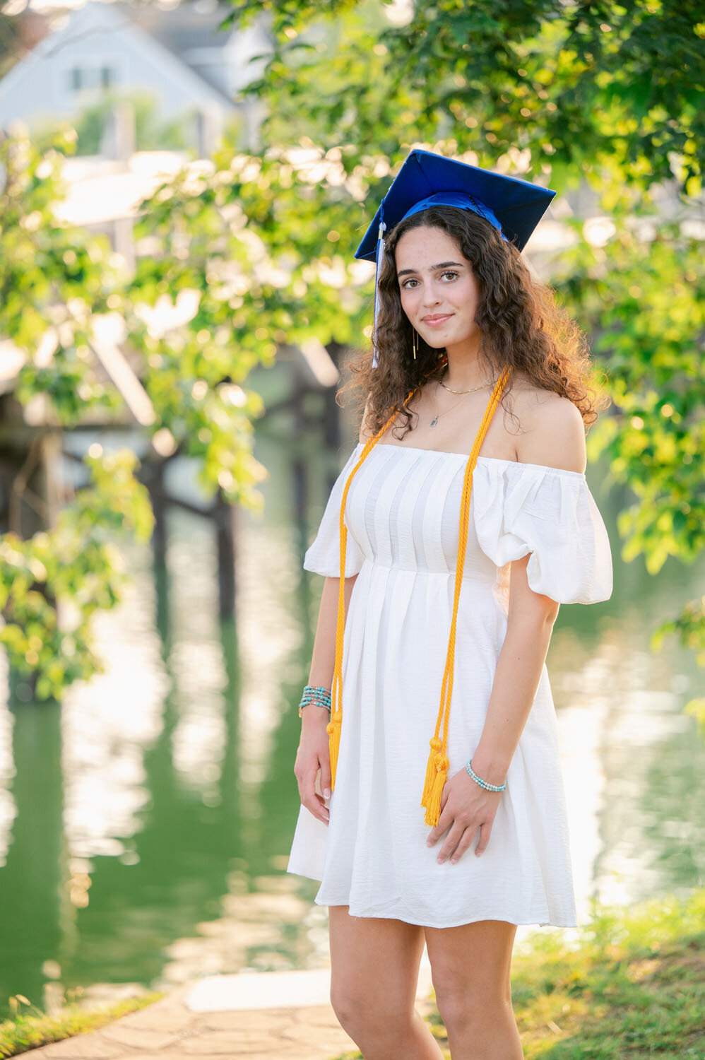 NJ senior photoshoot fun friends shoot cap and gown spring lak sea girt beach shoot white dresses-367