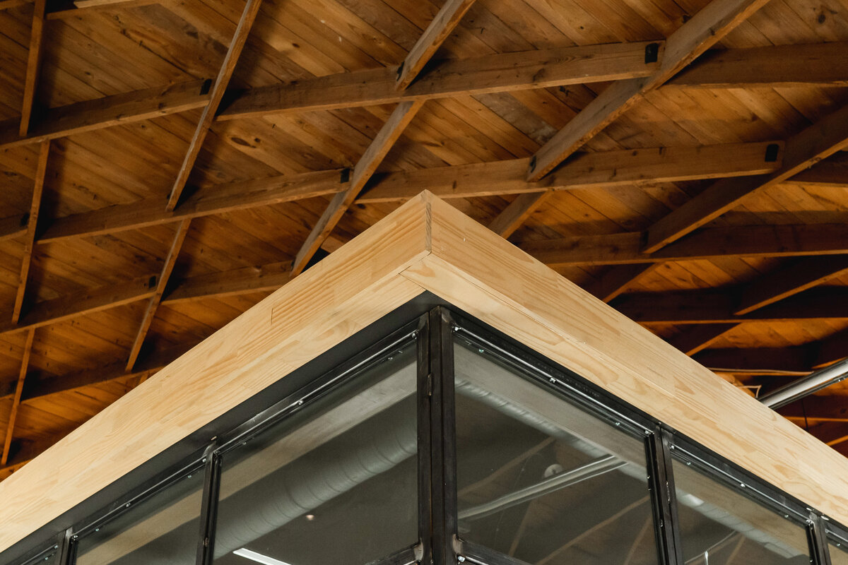 old wood ceiling above conference room in office
