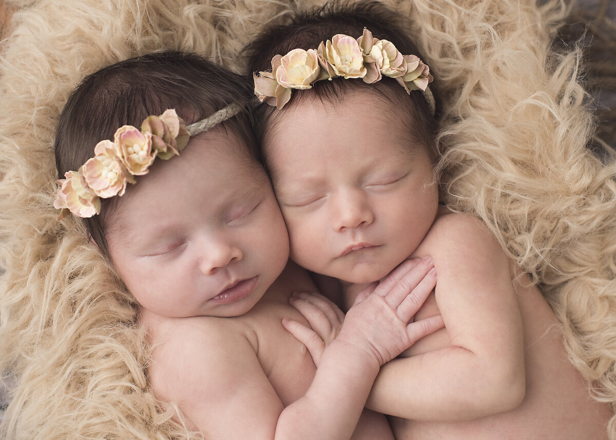 twin infants with headbands and posed on fur blanket