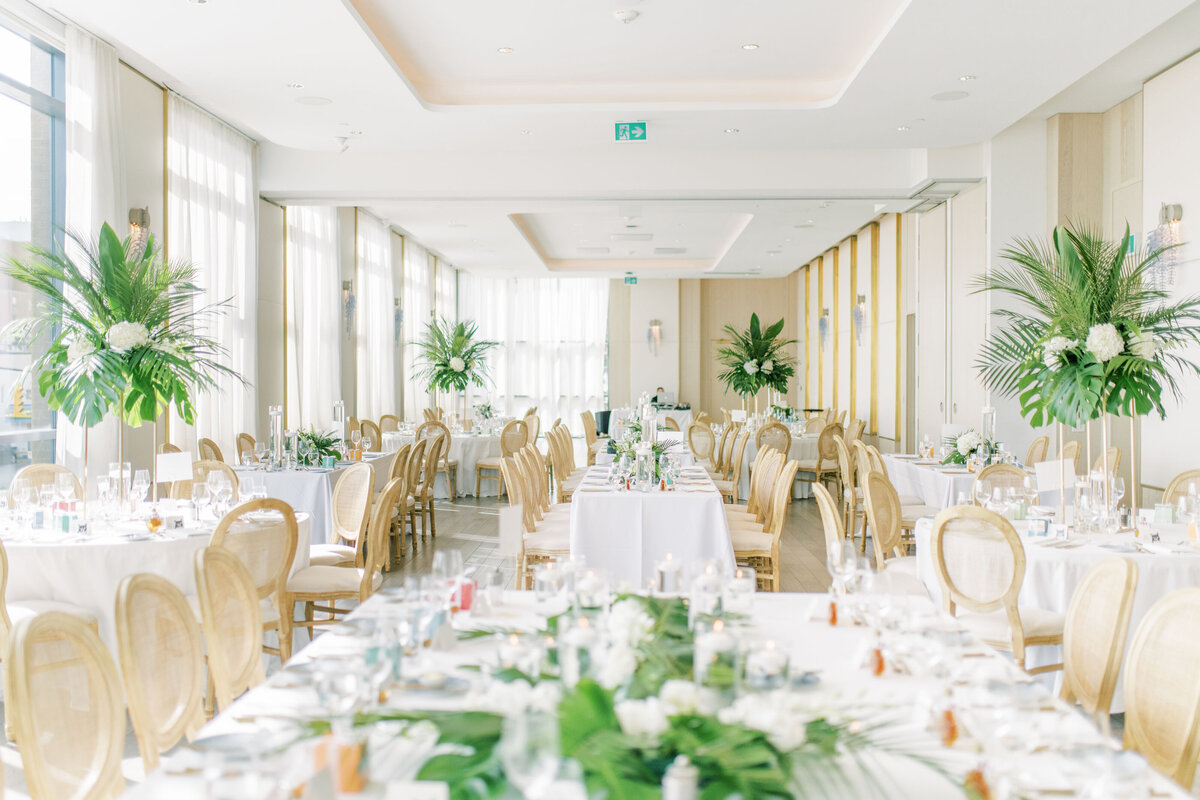The room set up at the pearle hotel for a wedding. Lots of palm trees
