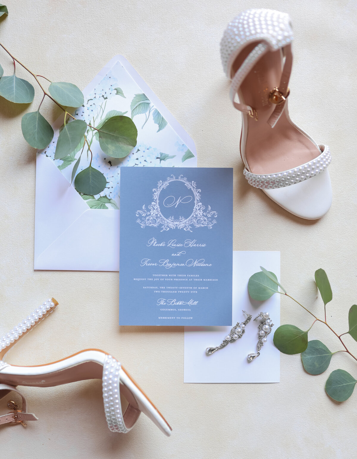 blue wedding invitation suite and pearl shoes at The Bibb Mill by Columbus Georgia wedding photographer Amanda Richardson Photography