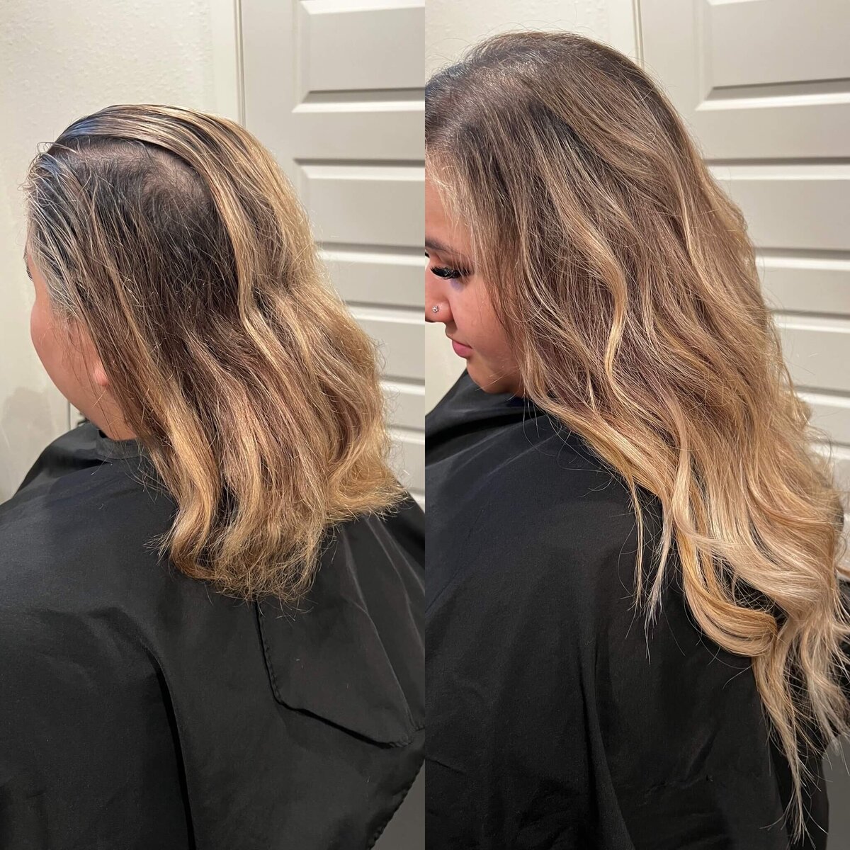 Before and after hair extensions transformation on woman with blonde hair.