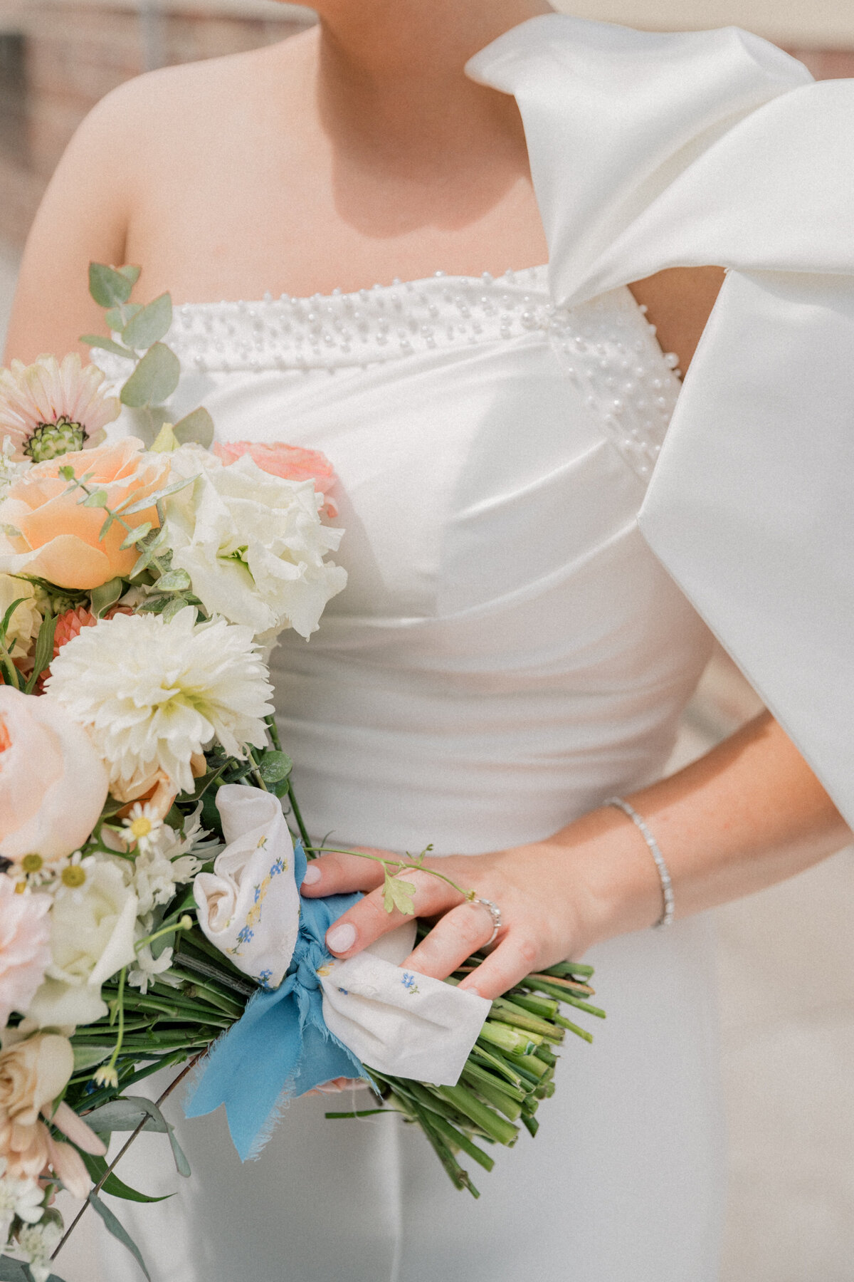 Bristol Train Station Wedding | colorful bridal bouquet with heirloom handkerchief