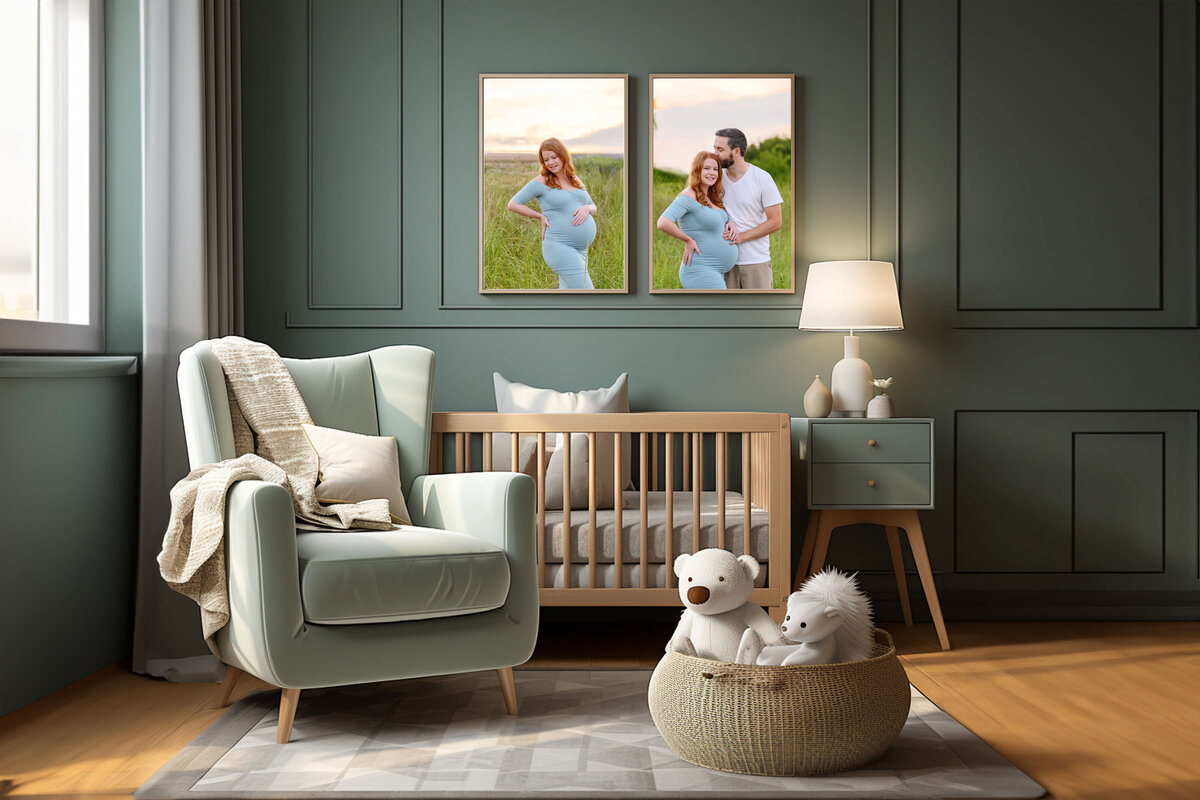 green room with two framed images of a beach maternity session in Burlington, ON