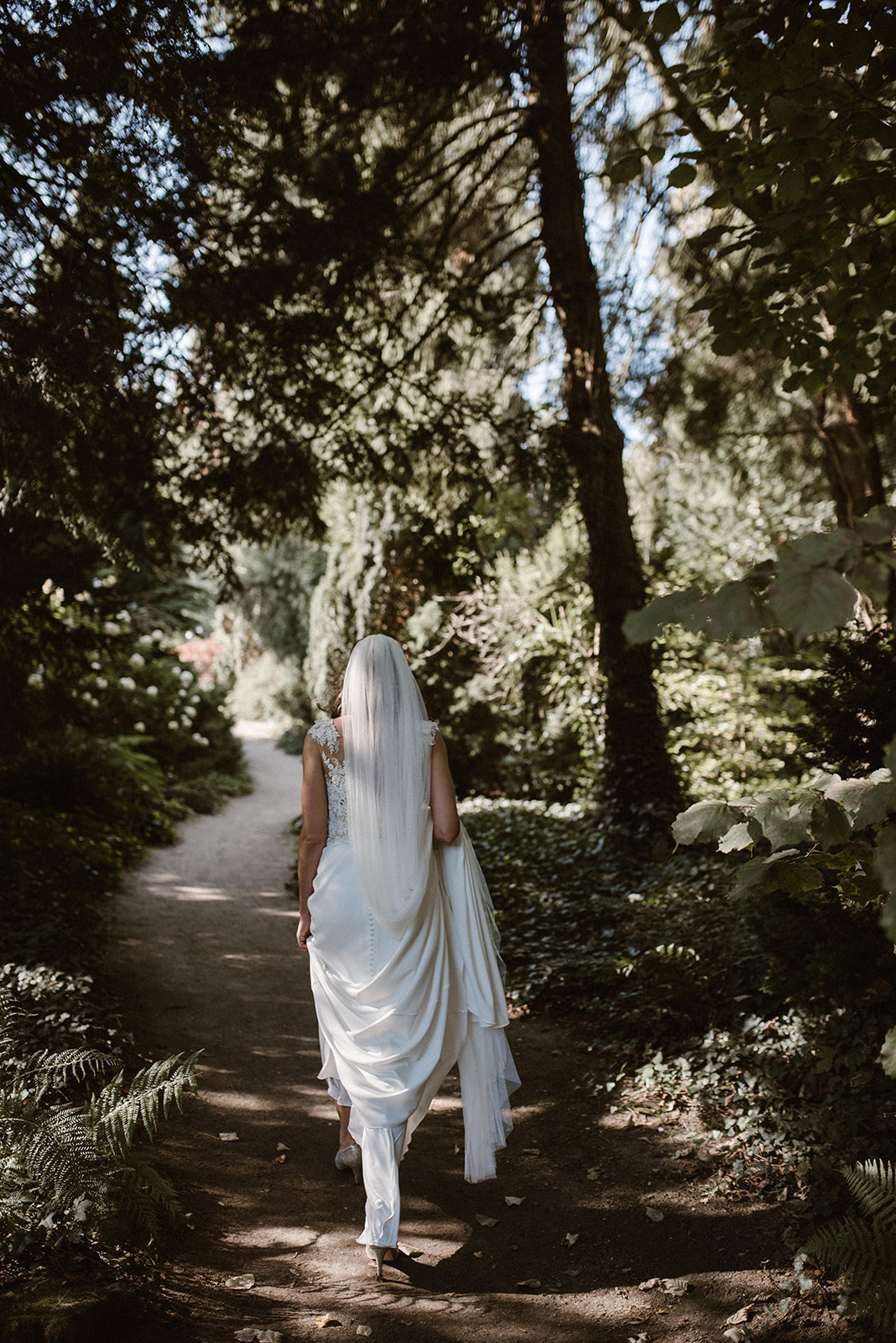 Bruid, jurk met lange sleep en sluier in het bos