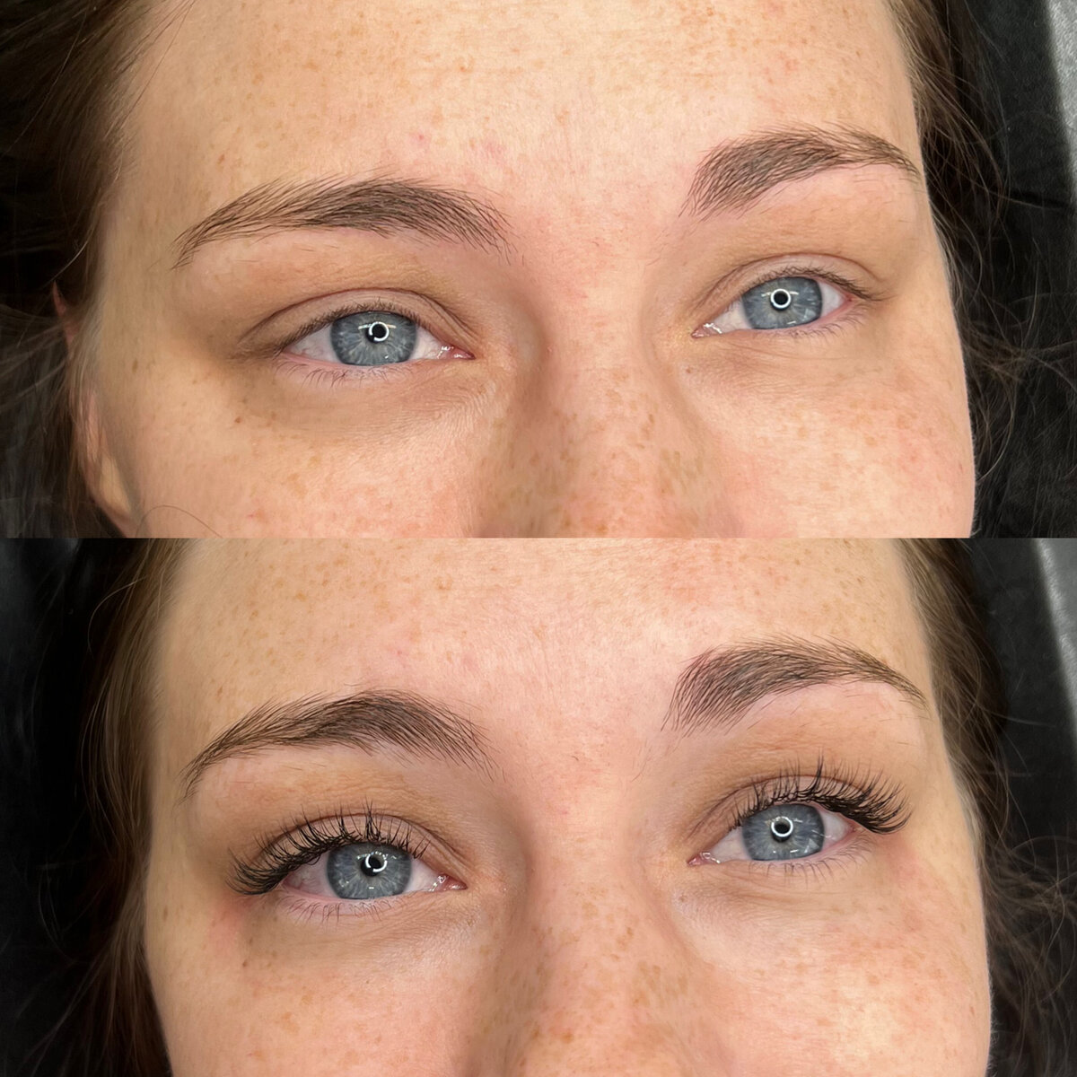 woman with blue eyes and lash extensions (before and after)