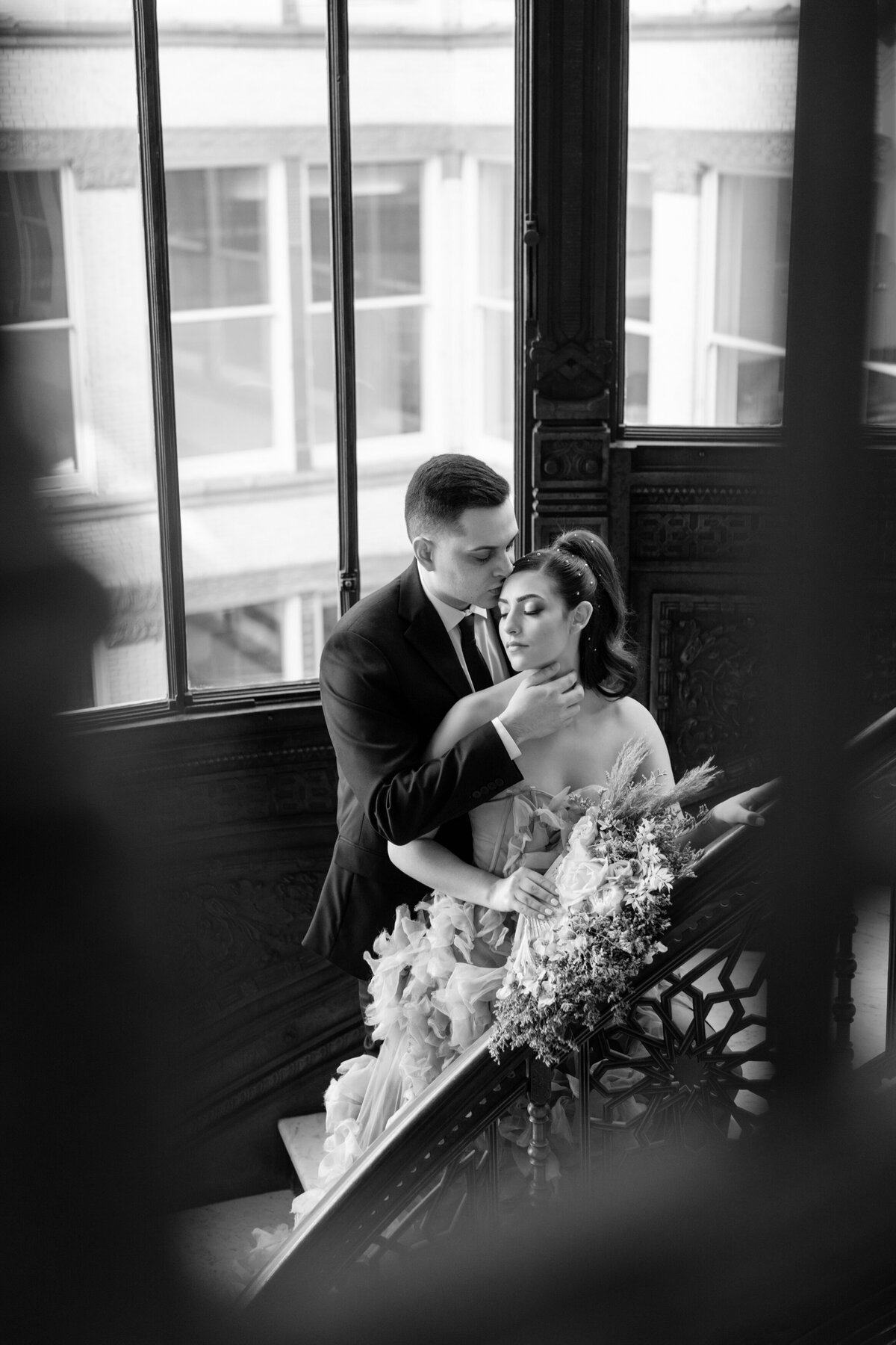 Aspen-Avenue-Chicago-Wedding-Photographer-Rookery-Engagement-Session-Histoircal-Stairs-Moody-Dramatic-Magazine-Unique-Gown-Stemming-From-Love-Emily-Rae-Bridal-Hair-FAV-30