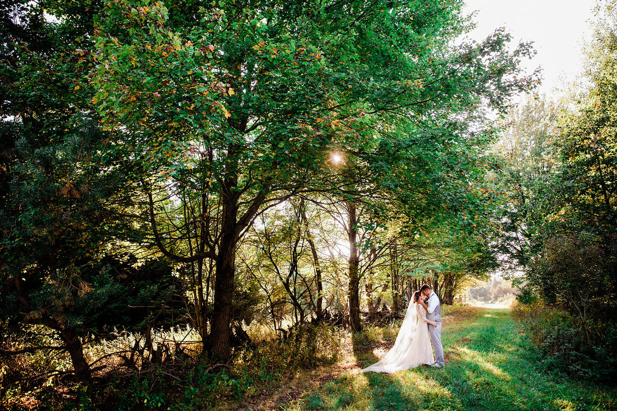 Bride and groom kiss under the sun-filled trees.