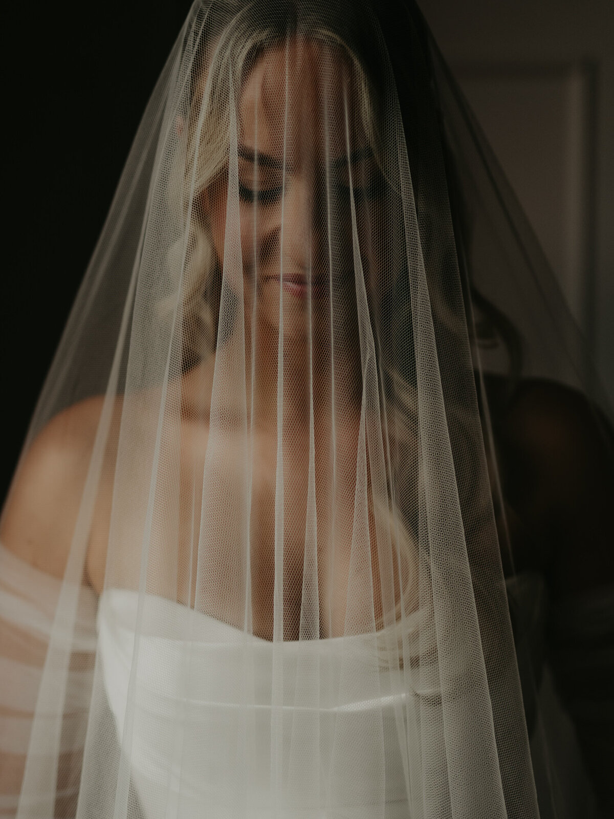 Bridal portrait in window light of a chapel veil over a brides head. 