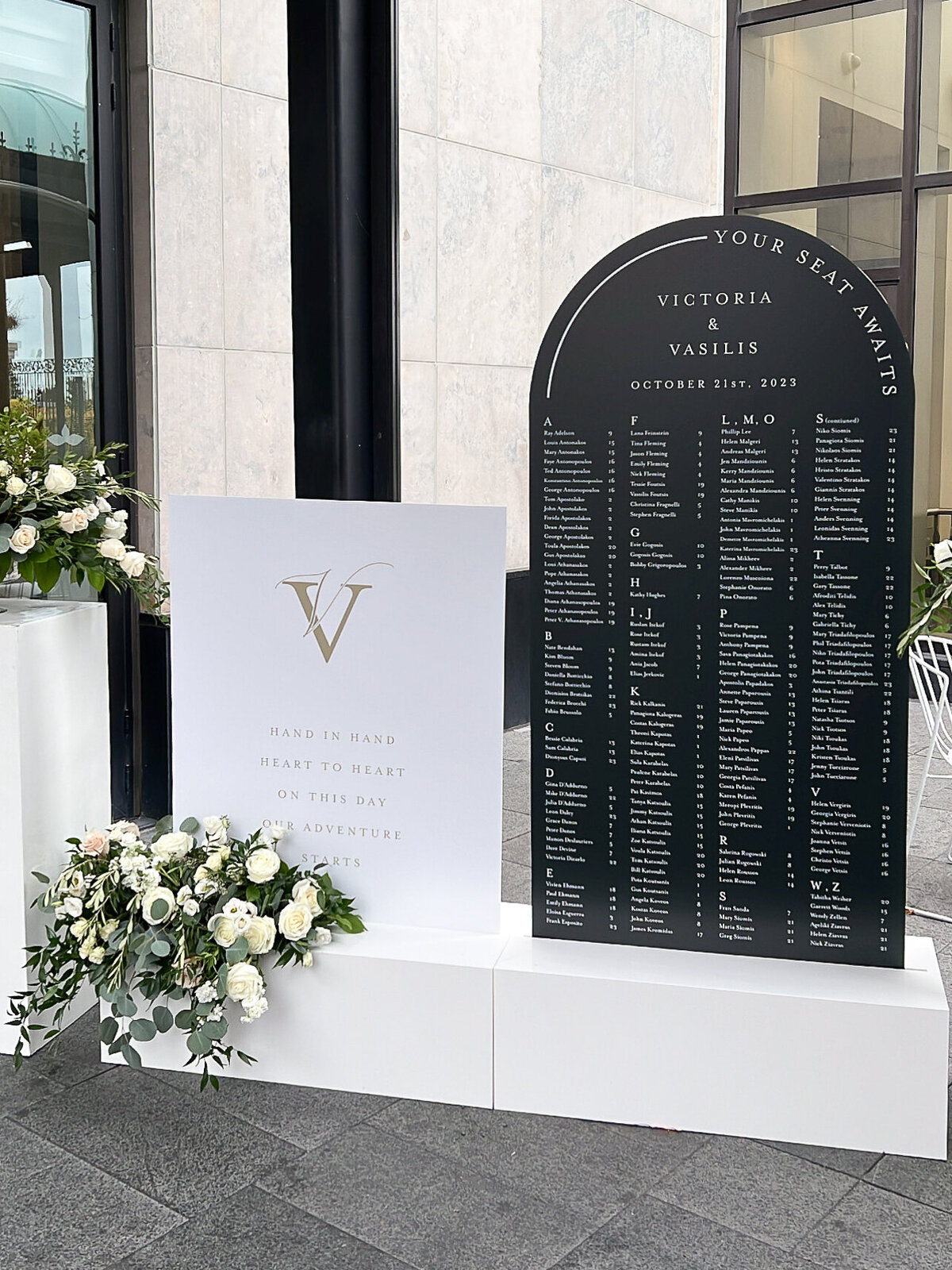 Custom Die Cut Arched Large Wedding Escort Seating Signs in White Acrylic Bases