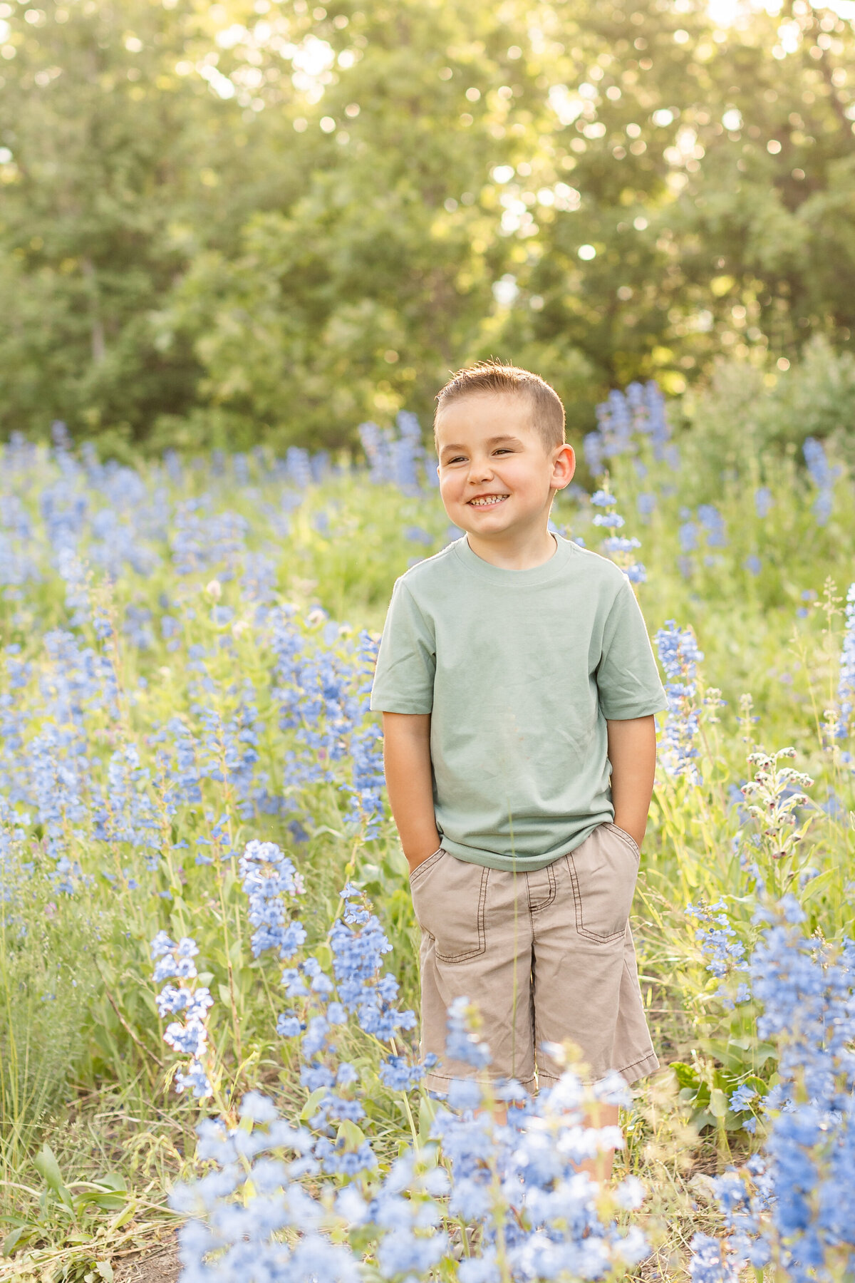 little boy standing in a flower field