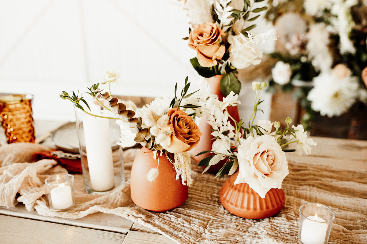 boho wedding centerpiece, pampas grass wedding flowers, terra cotta vases