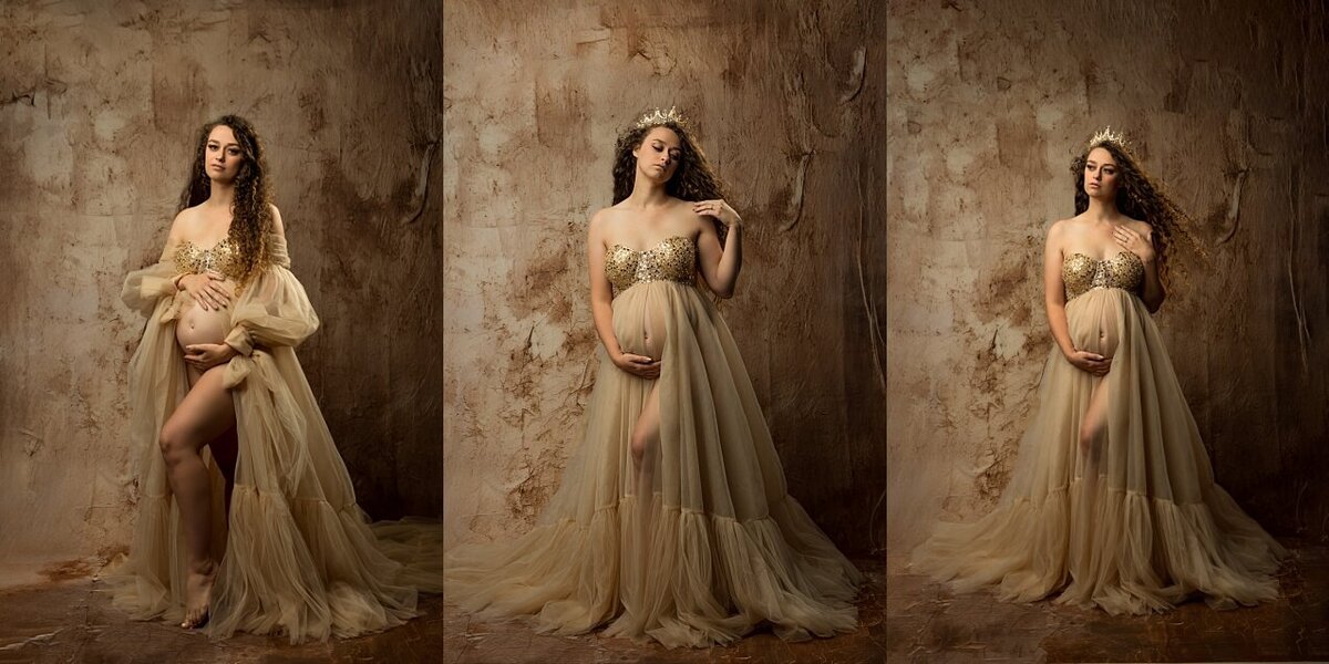Beautiful expecting mother wearing a blue gown during her maternity photo session.