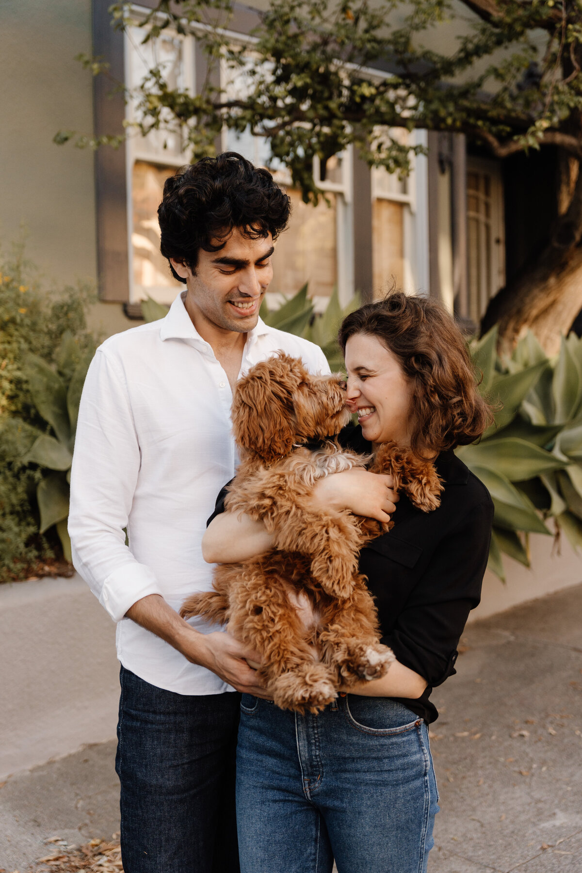puppy kissing couple in san francisco