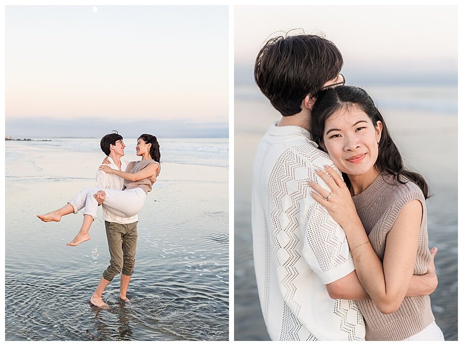 engaged  couple playing in ocean san diego