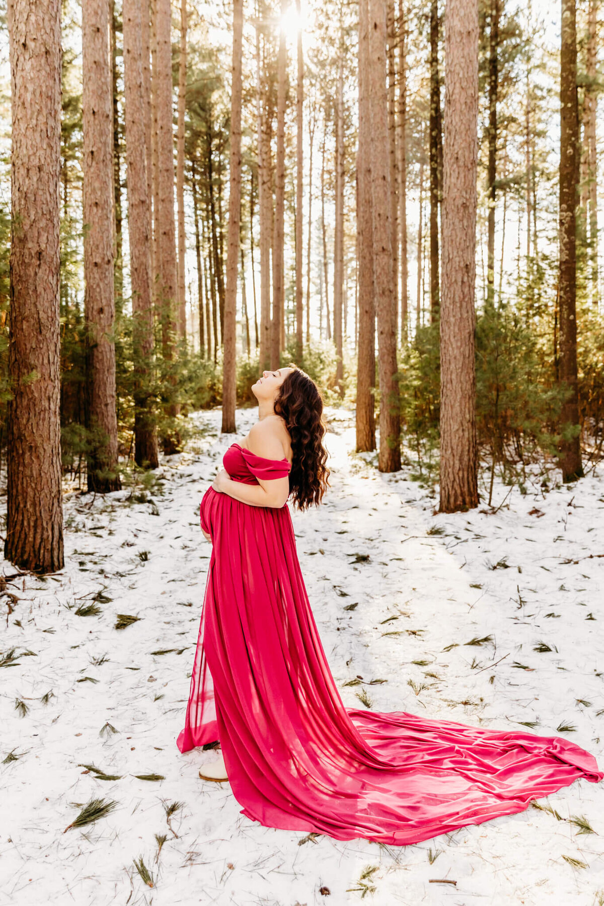 sun shining on a pregnant mom as she holds her baby bump in the tall red pines for maternity photography in Green Bay