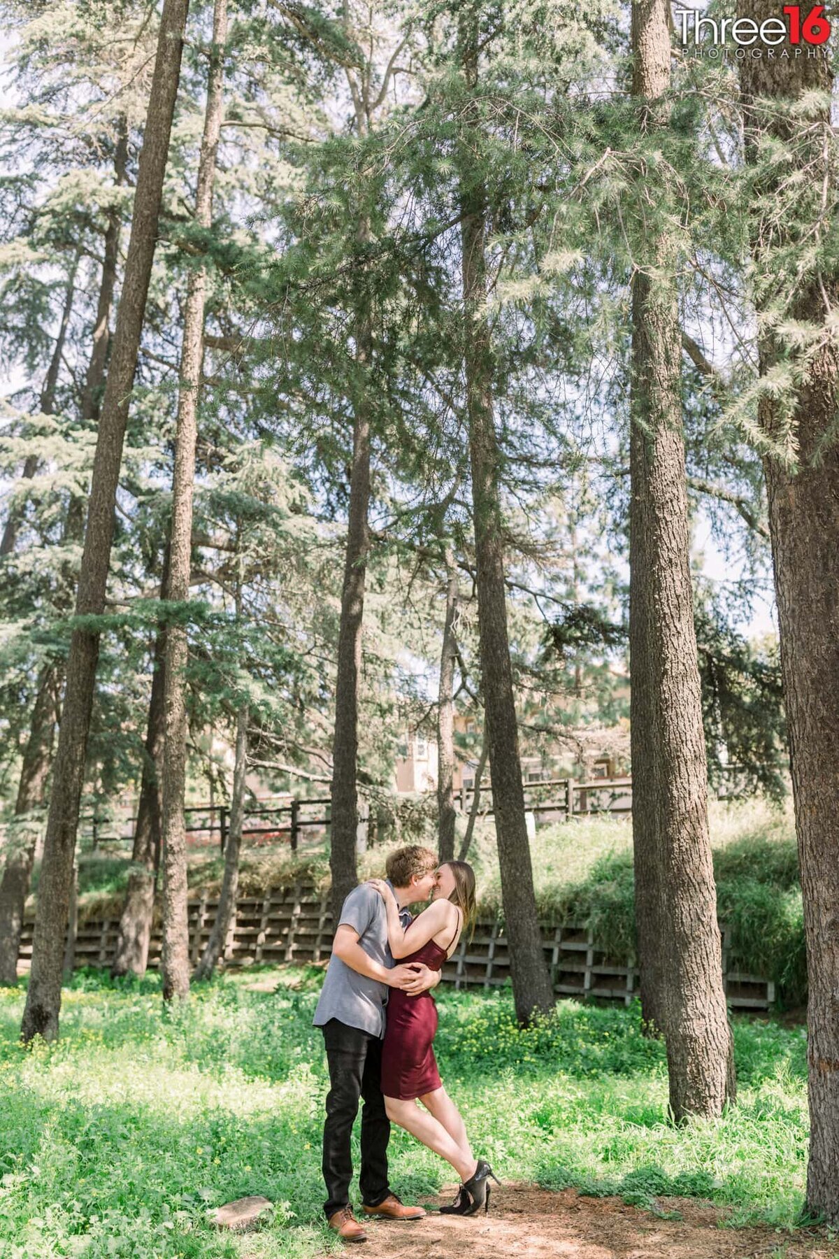 Engaged couple share a romantic kiss at Cedar Grove Park