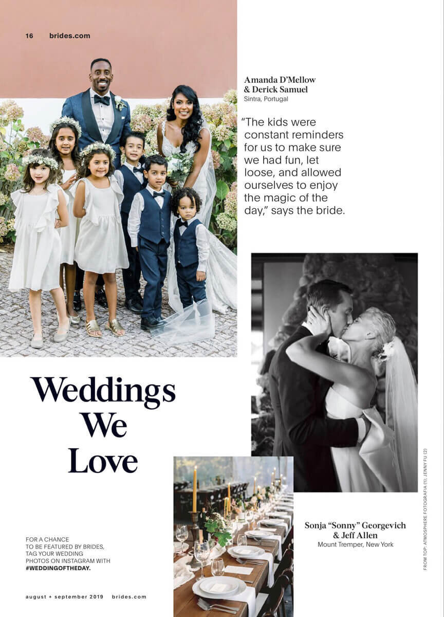 A page in Brides magazine with three wedding photos. The photo of the bride and groom kissing  is by Jenny Fu Studio