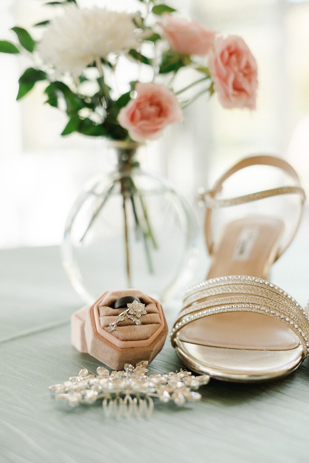 Flat lay of brides wedding details