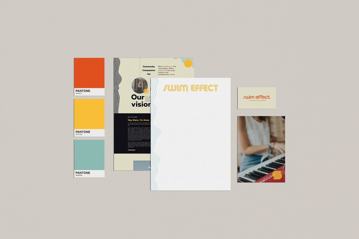 A collection of branded materials: color swatches, a flyer, a letterhead, a business card, and an image of a person playing a keyboard, all labeled "Swim Effect," showcasing our expertise in branding and website design.