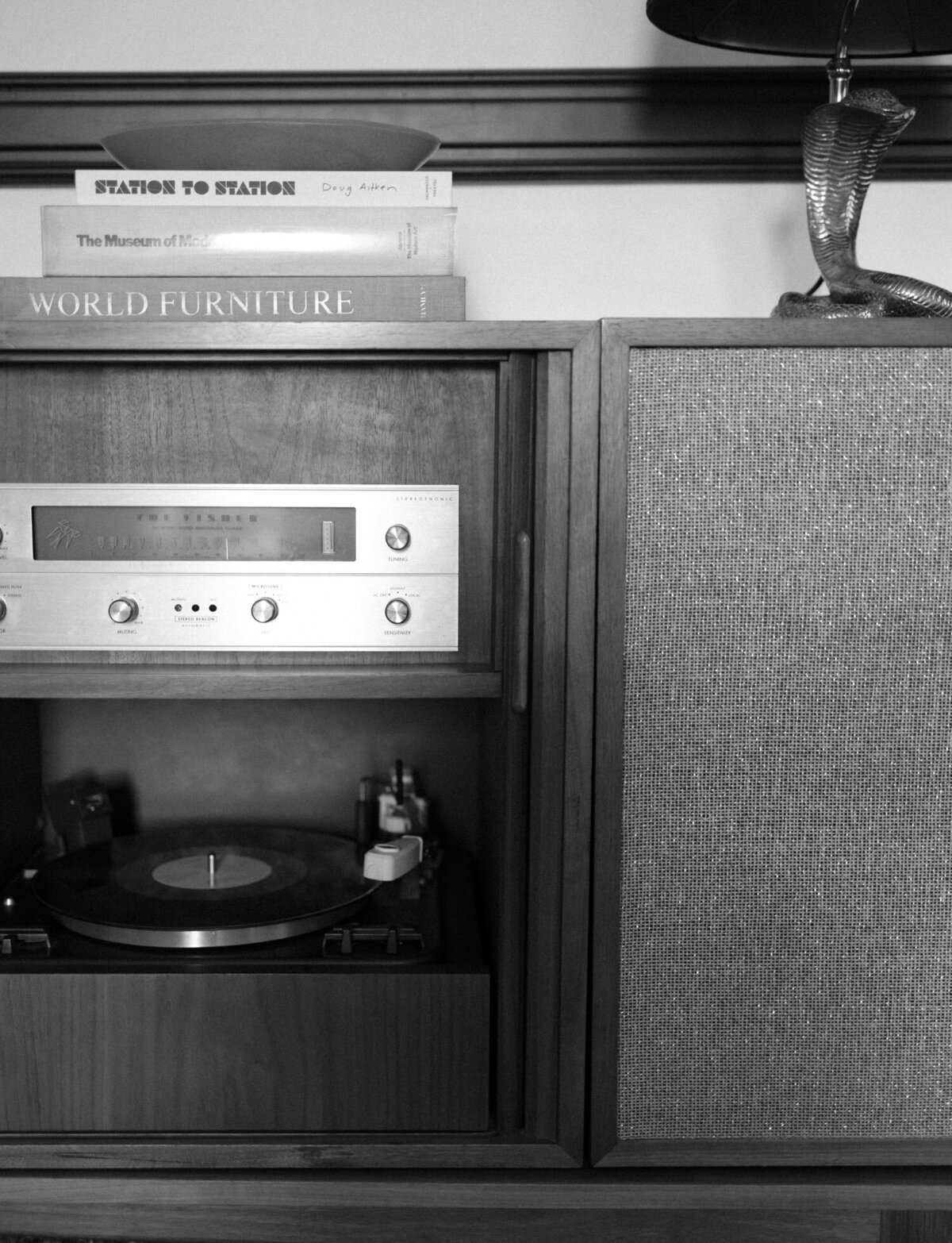 record player & books, details at bed & breakfast, ALEO Detroit, Little Village