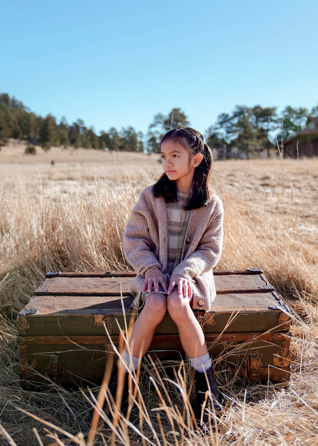family photography denver co - young girl sitting on wooden box
