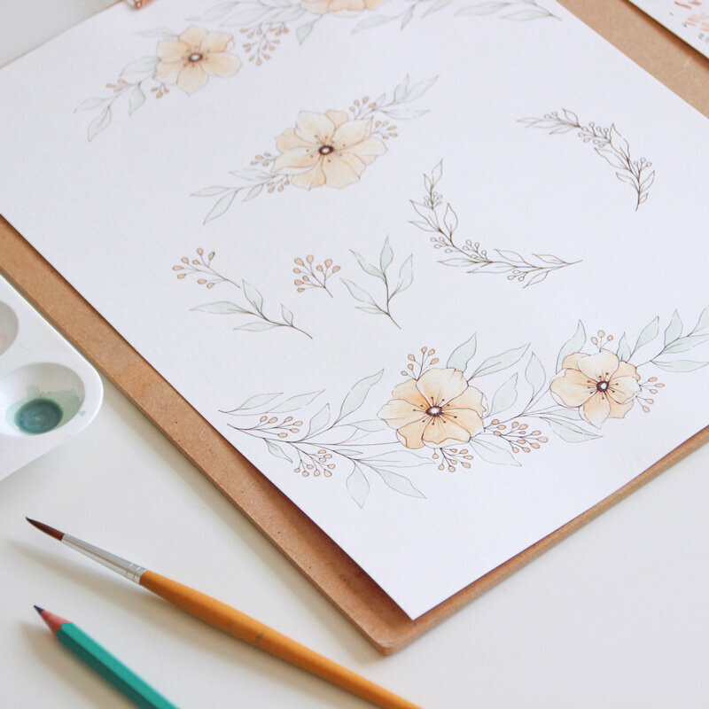 watercolor floral painting in orange and soft sage green