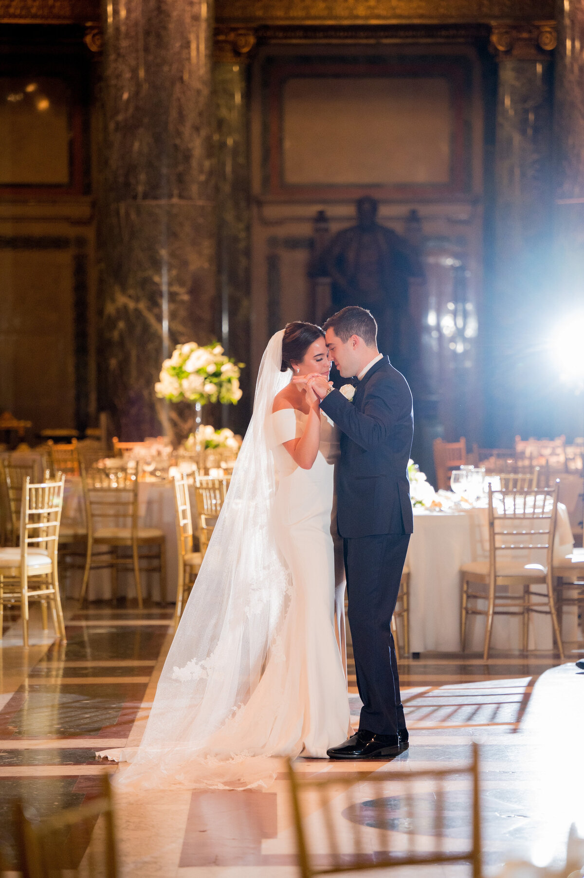 bride and groom dancing in wedding reception carnegie museum music foyer