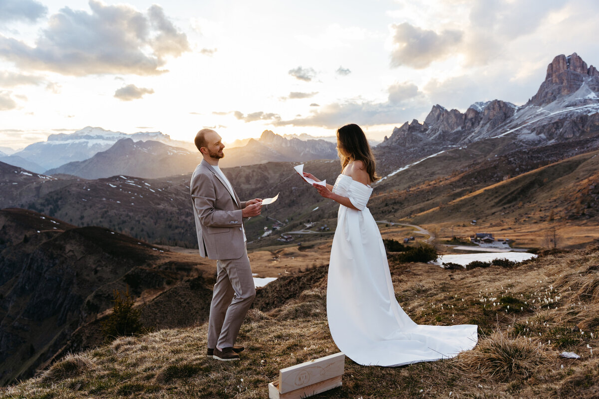 bride and groom together in mountain elopement in Dolomites