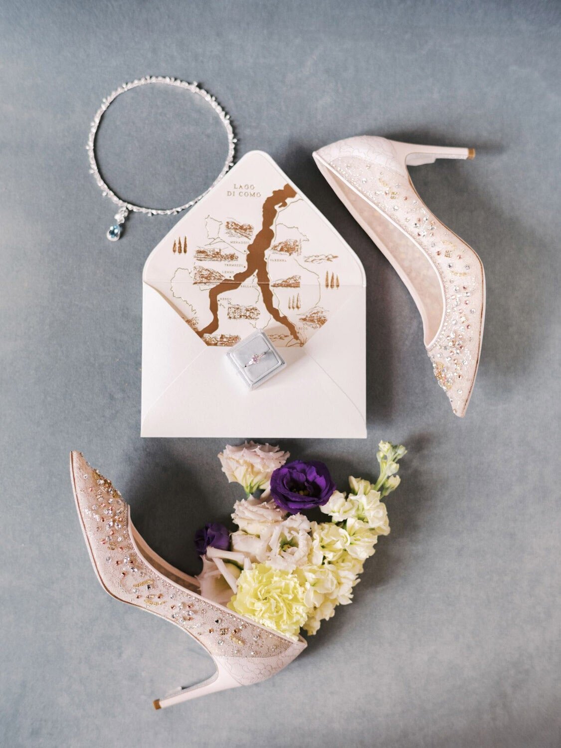 Rene Caovilla flatlays for Grand Hotel Tremezzo wedding, by Lake Como Photographer Andreas K. Georgiou