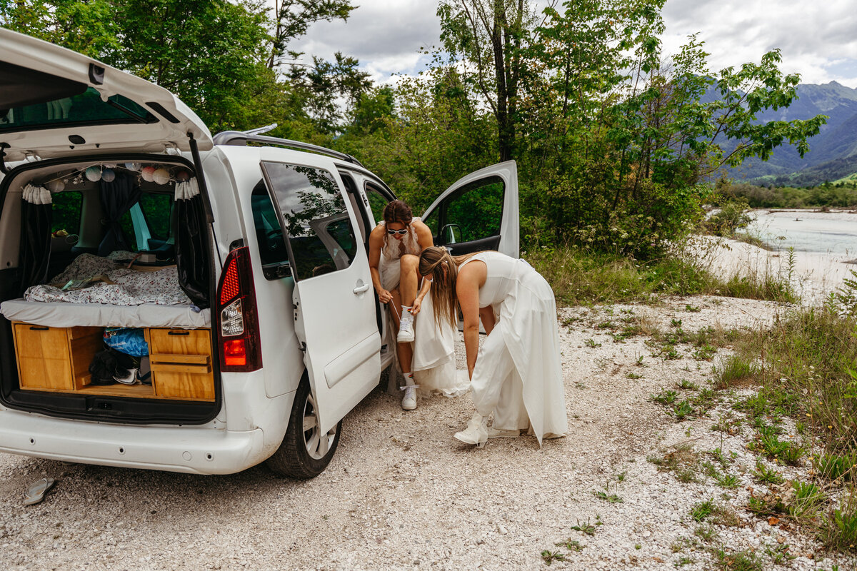 romantic couple in Soča Valley river elopement
