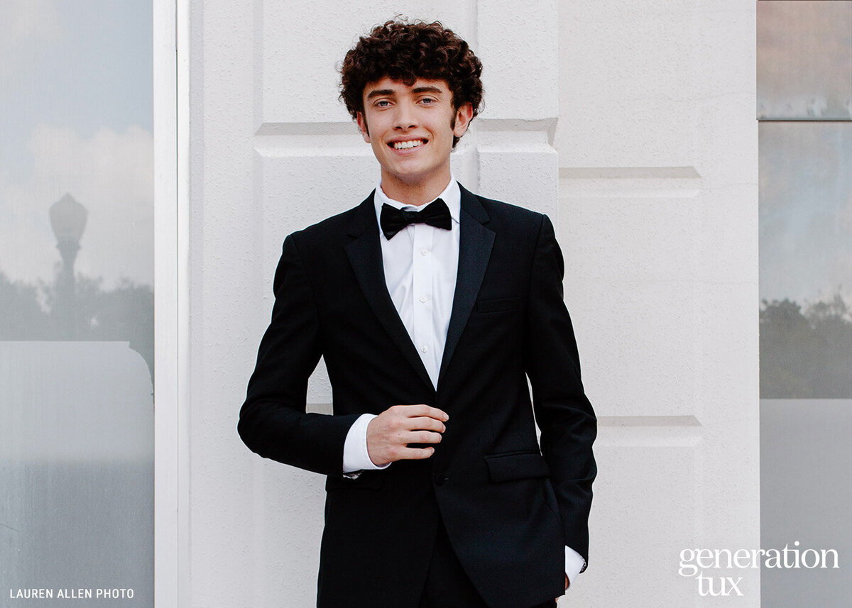 Black Notch Lapel Tuxedo Black Bowtie_Credit + Logo
