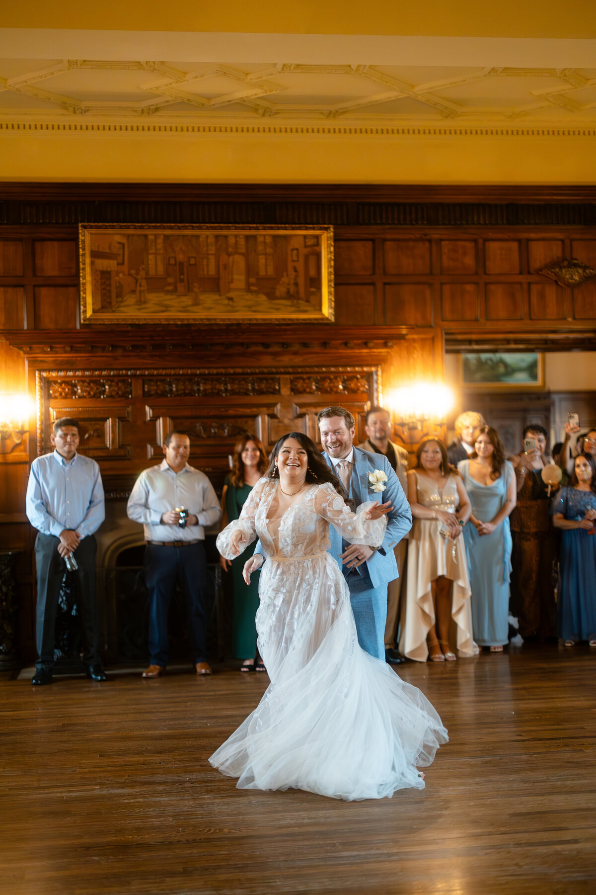 Bride and groom dancing in the castle