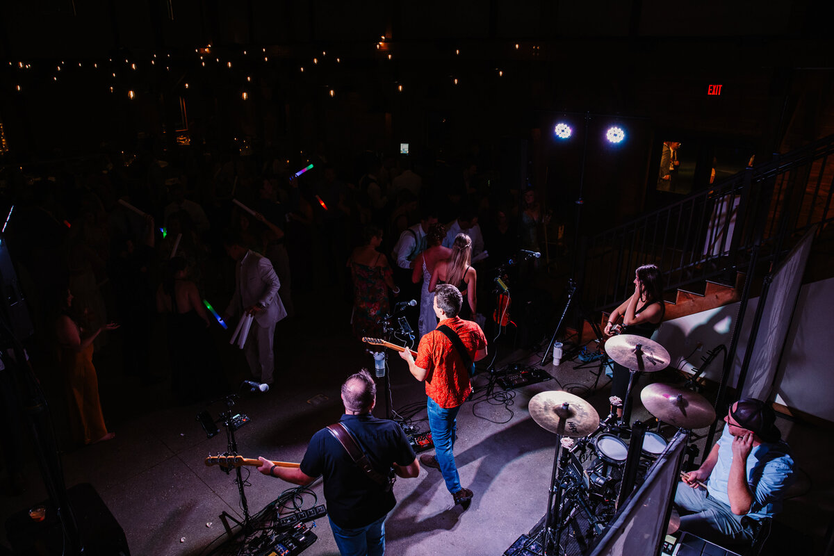 A look down onto a band playing during a wedding reception