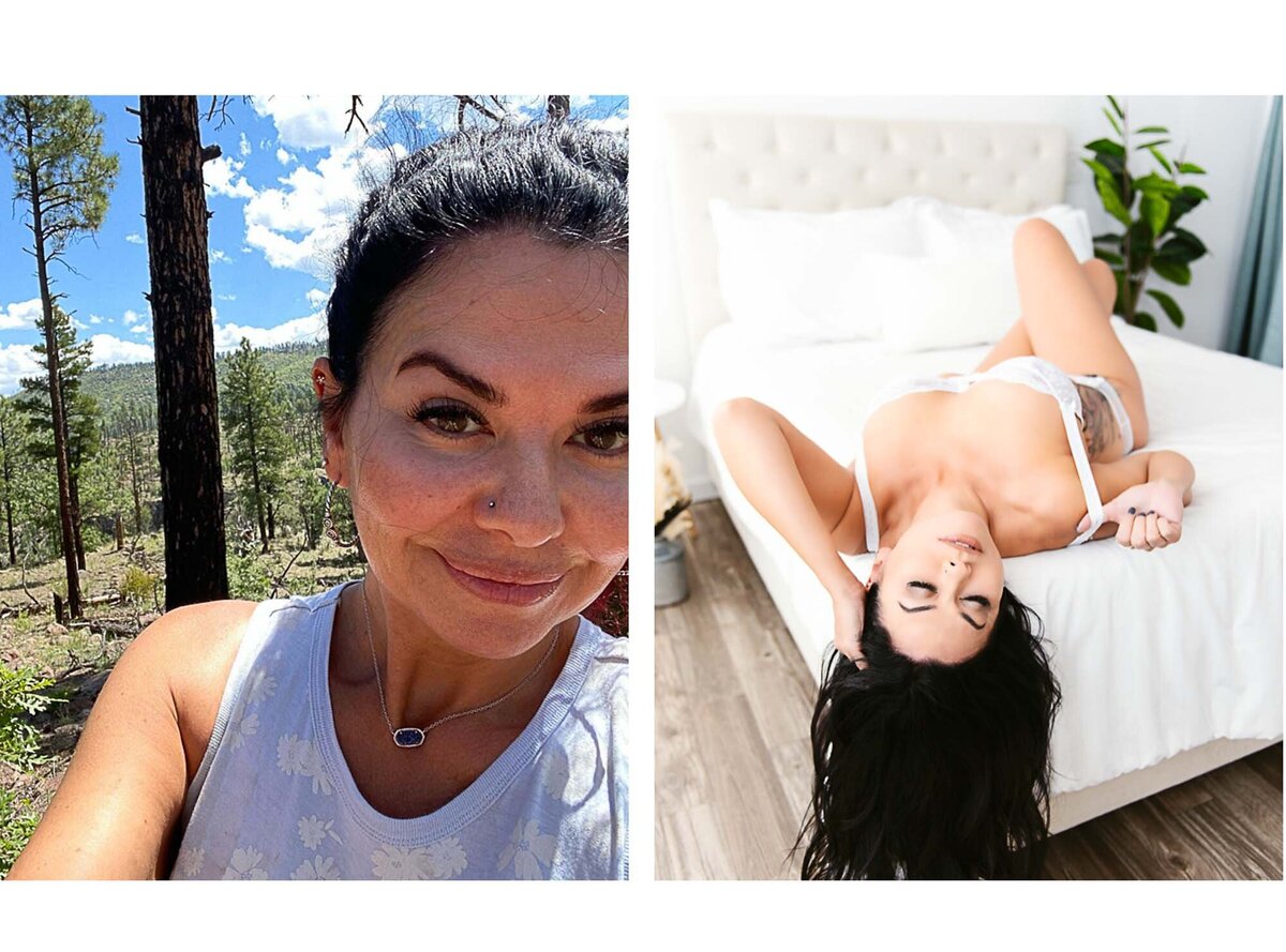 Dark haired woman selfie while hiking in forest next  to sexy boudoir on all white sheets