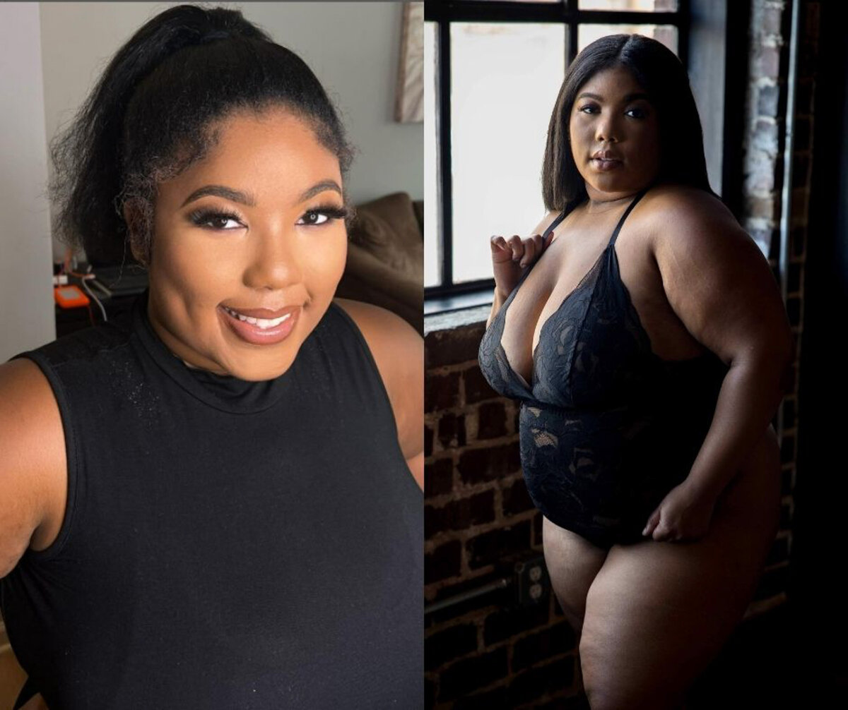 A woman smiles in a black blouse next to standing powerfully in black lingerie in a window