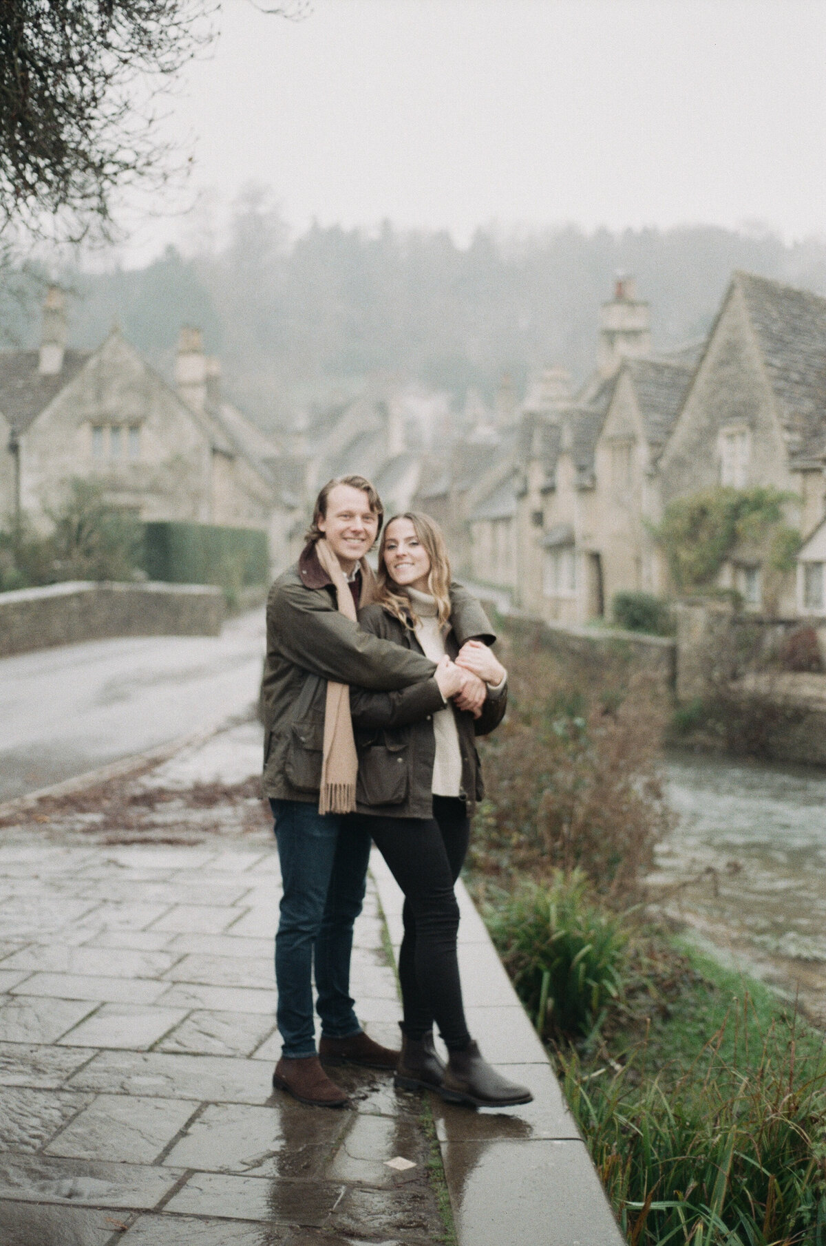 Engagement portraits in Castle Combe, Cotswolds captured on film