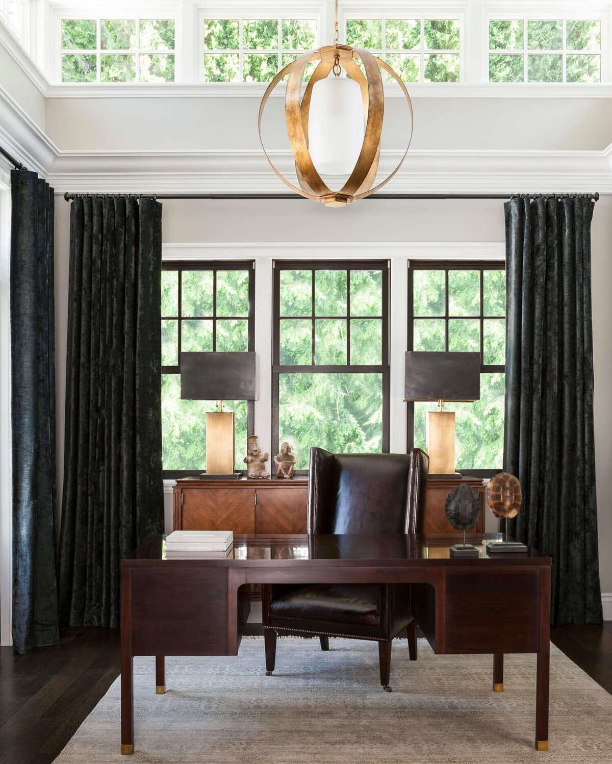 Office-dark-furniture-golden-spherical-chandelier