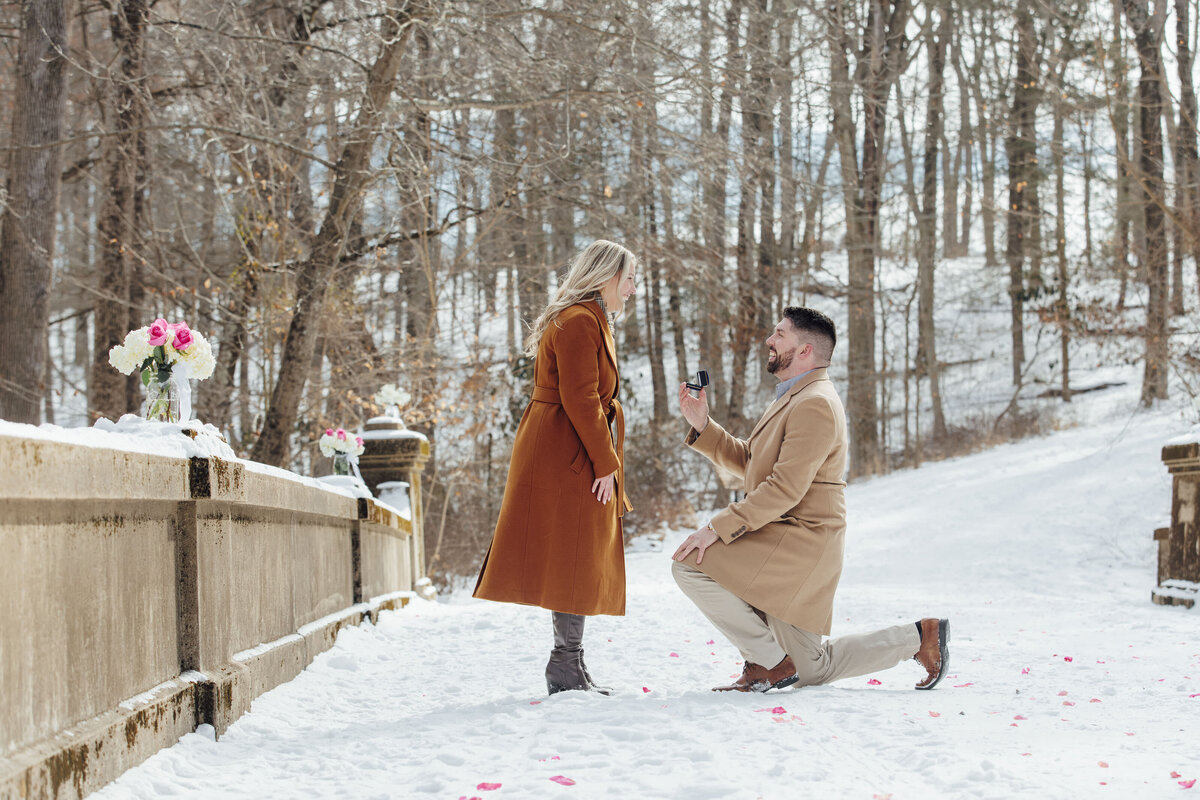 Proposal Photographer | Groom-to-be proposing during a snowy winter session at Natirar Park | Peapack-Gladstone, New Jersey