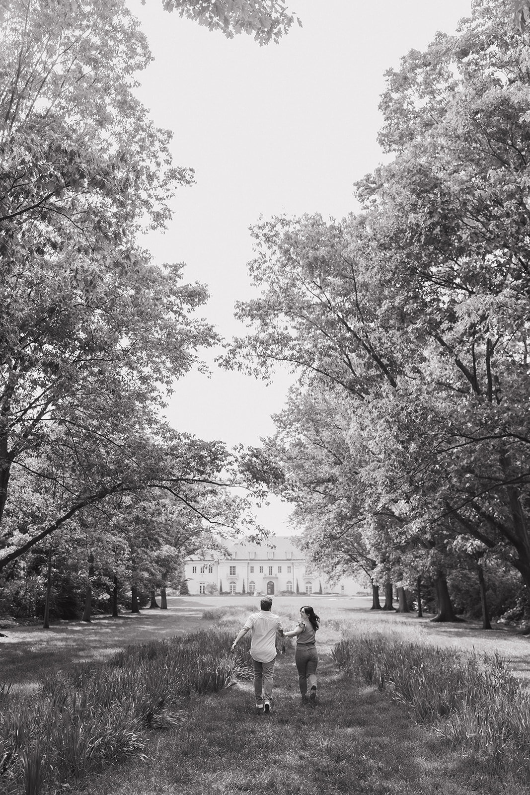 Black and white engagement photography Indianapolis park