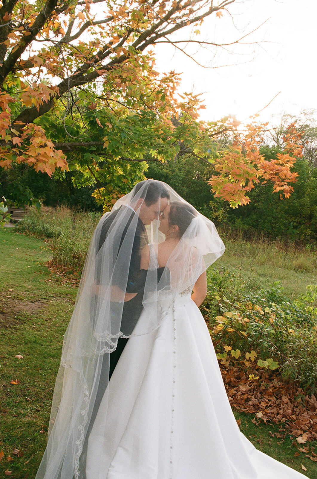 Bride and groom under a veil under an orange fall tree.