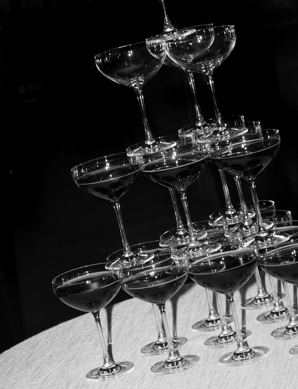Stacks of espresso martinis for a champagne tower, espresso martini tower at Shinola Hotel wedding