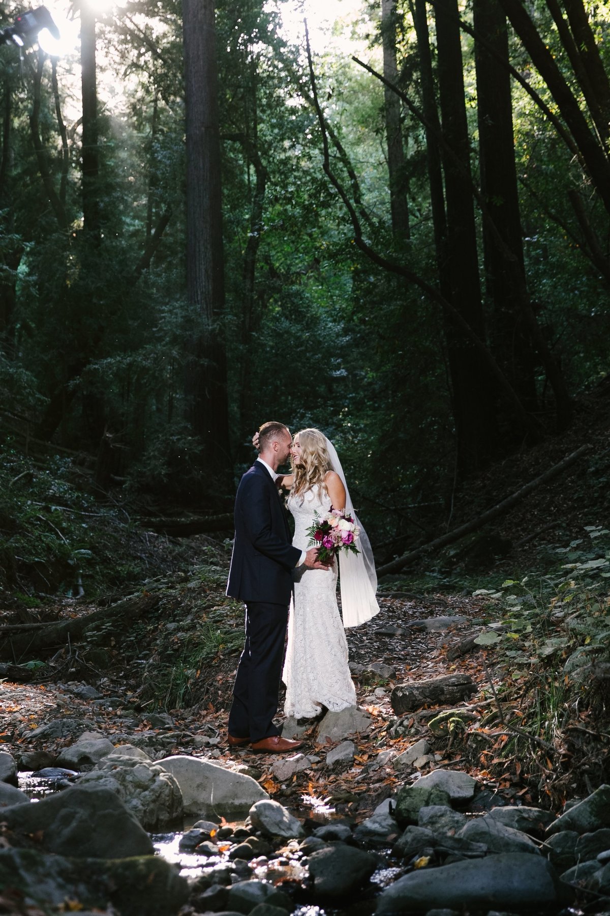 boho bride and groom in forest Bay Area, CA