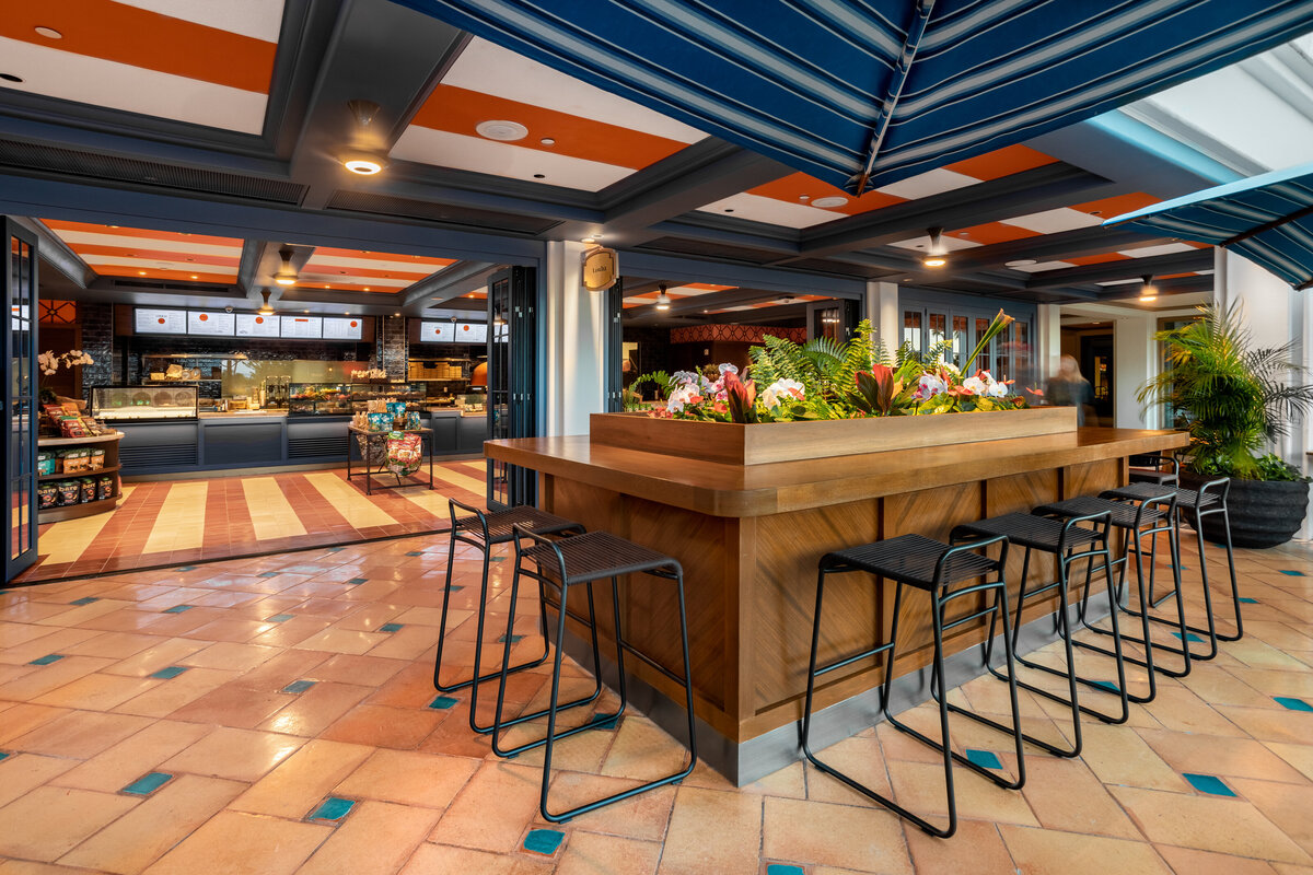 A view of the bar top seating at the Loulu gourmet grab and go cafe at the Grand Wailea. A great place to start your day while on vacation.