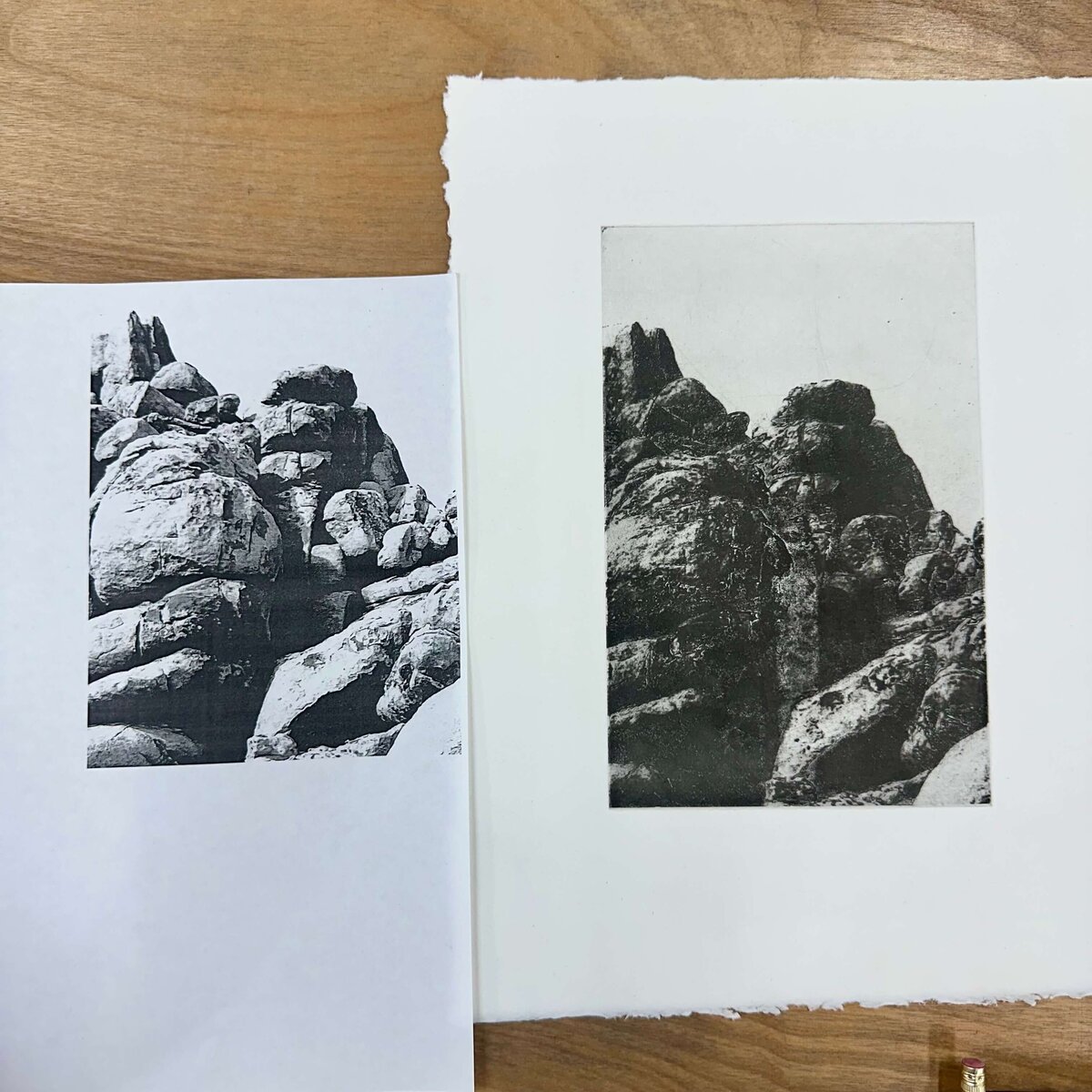 Side-by-side comparison of a toner transfer rock photo and its resulting etching print.