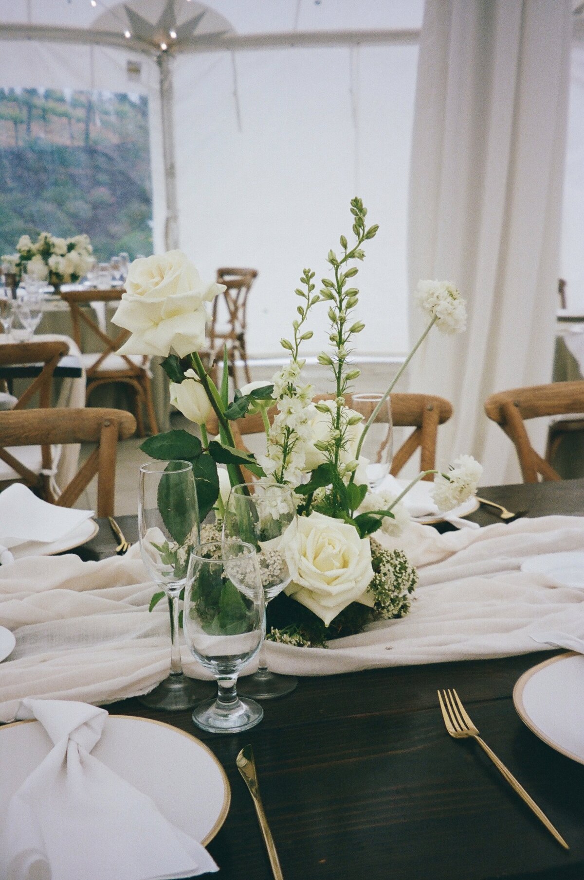 Crossback chairs, meadows, white roses, gold flatware, bella dona, scabiosa